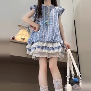 Girls Beautiful Dress Childrens Skirt High-End Summer New Style Princess Set Soft Cotton Daily Wear Cake Skirt Bubble Sleeve