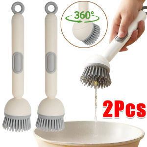 2pcs 360° Rotatable Refillable Liquid Washing Brush / Long Handle Press Out Soap Dispensing Dish Brush / Kitchen Pot Pan Cleaning Brushes