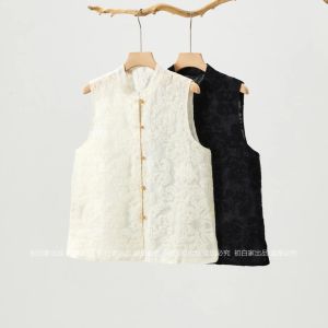 สไตล์จีนใหม่ น้ำหนักเบา แขนกุด เสื้อกั๊ก ผู้หญิง ฤดูร้อน สไตล์แห่งชาติ Tang เครื่องแต่งกาย Retro ปุ่มปัก Outerwear เสื้อท่อนบน