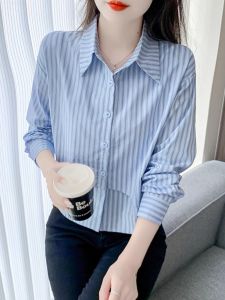 Womens Striped Shirt Autumn Fashion Irregular Splicing Design Casual Long Sleeve Loose Fit Versatile Top Polyester Fiber