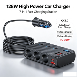 Super 7-in-1 128W High-Power Fast Charger USB PD Car Charger Portable 3 Socket Replacement Splitter Car Cigarette Lighter Splitt