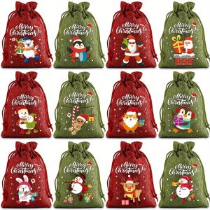 12pcs Festive Burlap Christmas Drawstring Bags with Santa Snowman & Tree Designs for Gift Wrapping Party Favors Decoration Tools