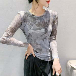 REHIN European Style Graphic Tie-Dye ink and wash printing Mesh Long-Sleeve T-shirt Slim Fit Fall/Winter Fashion Round Collar Elegant S-4XL Womens Top