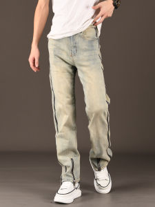 Retro American Denim Jeans Slim Straight Large Size Trendy Brand Zipper Thin Long Pants Men Summer Casual Cotton Polyester Elastic Fiber