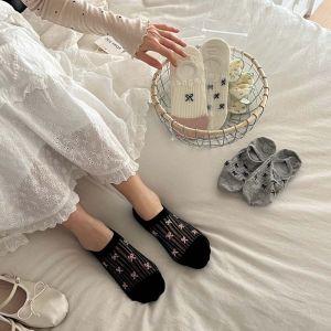 Womens Socks Summer Breathable Bow Socks Lightweight Cotton Feel Mesh Solid Color Socks Simple Silicone Anti-Slip Invisible Socks
