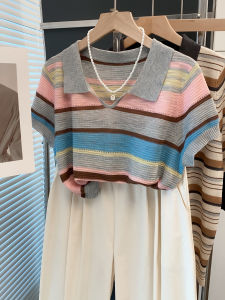 JIANDIYA | Polo Collar Stripe Loose Knit Top