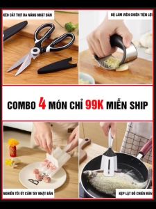 SET 4 món đồ dùng nhà bếp: Kéo cắt thịt Kẹp lật đồ chiên rán Dụng cụ nghiền tỏi ớt cầm tay Dụng cụ làm thịt viênchiên