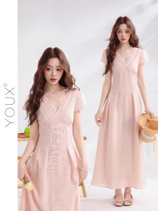 YOUXIANG | Đầm Dài Eo Thon Cổ V Đính Ren Màu Hồng Sương Mù