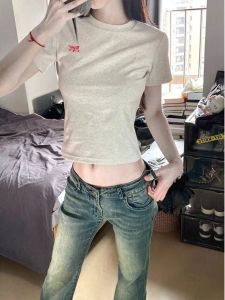 Retro American Grey Floral Short Sleeve Cotton T-Shirt: Women's 2024 Summer Trendy Casual Style Top