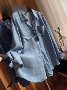 Lace Feel Loose Fit Long Sleeve Denim Shirt Womens Washed Slimming Mid-Length Polo Collar Thin Cotton Silk Blend Top