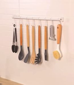 Kitchen Hook Rack Free Punching Utensils Rack Spatula Spoon Storage Hanging Rod Wall-mounted Organizer Bathroom Storage Hook Multi-functional  Bedroom Hang Pole