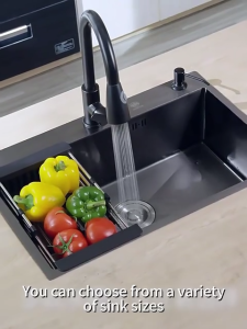LXL Black Kitchen Sink Complete Set 304 Stainless Steel Lababo Double Sink Heavy Duty Single Sink with Free Dish Rack