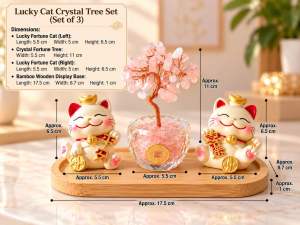 Lucky Cat Crystal Fortune Tree Set| Maneki Neko | Feng Shui Wealth & Prosperity Décor| Housewarming & Buz Opening Gift