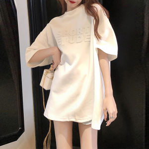 เสื้อยืดแขนสั้นผ้าฝ้ายแท้สีชมพูสำหรับผู้หญิงในฤดูร้อน ทรงหลวมยาวปานกลาง คลุมสะโพก สไตล์เกาหลี เสื้อผ้าทำงาน