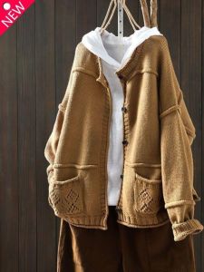 Retro Patchwork Knitted Sweater Coat Womens Thick Autumn Casual Long Sleeve Leisure Vintage Style round Neck Single Button