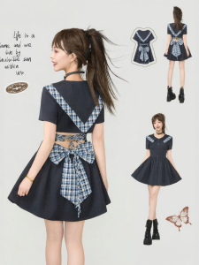 Keiko | Navy Style Bow Decoration Waist-exposing A-line Dress