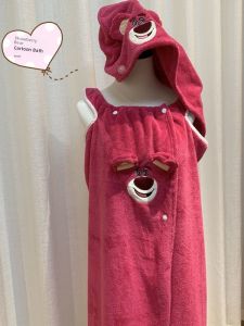 Strawberry Bear Absorbent Bath Towel Womens Cute Cartoon Bath Robe Strapless Quick Dry No Shedding Hair Cap Home Beauty Salon