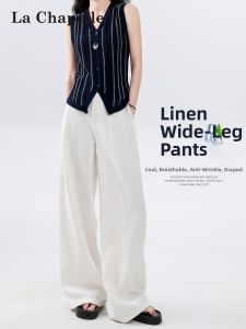 La Chapelle | Lightweight White Linen High Waist Trousers with Ice Silk Lycocell Blend