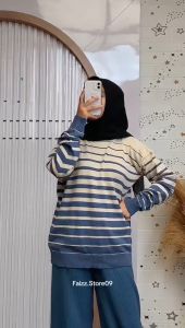Sweater Knit Habiba Catton Motif Stripe Wanita Lengan Panjang