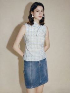 FAMANXUAN | Check Sleeveless Bow Design Summer Blouse