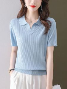 Ice Silk Short Sleeve T-shirt Womens Thin Summer Wear Young Mother Polo Shirt Elegant Younger Knitwear Top