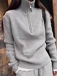 เสื้อสเวตเตอร์คอตั้งสีเทา แจ็คเก็ตถักแบบมีซิปครึ่งตัว สำหรับผู้หญิง ฤดูใบไม้ร่วง/ฤดูหนาว เสื้อชั้นใน ดีไซน์เก๋ไก๋ แขนยาว ปกติ
