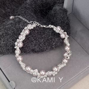 KAMI Y Sparkling Pearl Bracelet Womens Elegant Design Glittering Diamond Alloy Jewelry Fashionable Accessory for Ladies