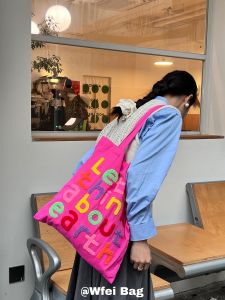 Wfei All-Matching Shoulder Bag Womens Embroider Letters Canvas Bag Vertical Tote Bag Casual Shoulder Student Tote Bag