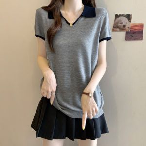 Shalldoer | Korean Style Turn-down Collar Color Block Design Short Sleeve Womens T-shirt Summer New Fashion High-End Feeling Top