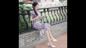 Hangzhou Elegant Faux Silk Purple Midi Cheongsam 杭州優雅仿絲紫色印花中長旗袍