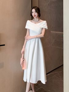 French Style One Shoulder Wedding Dress Elegant Engagement Gown White Registration Certificate Dress Womens mid Waist Zipper
