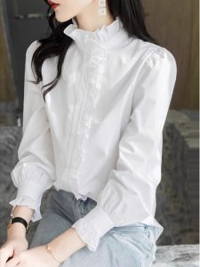 Stylish French Elegance Ruffled Stand Collar Long Sleeve Shirt