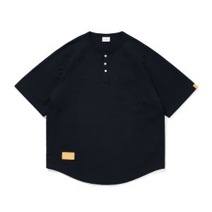 714street Mens Casual Short Sleeve T-Shirt Henry Collar American Retro Style Summer Fashion Top Cotton 100% Standard Fit