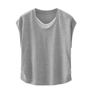 YUEZHONGWEI | เสื้อยืดแขนสั้นผู้หญิงสีเทาแบบมีไหล่ ดีไซน์ใหม่ในช่วงฤดูร้อนปี 2025 เสื้อตัวบนสไตล์เกาหลี ทรงหลวม สไตล์วัยรุ่น