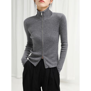High-End Yangzi Yarn Stand Collar Double Zipper Full Wool Knitted Open Cardigan Women Winter Small Size Layering Sweater Jacket