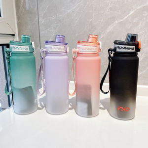 Large Capacity Outdoor Sports Plastic Straw Cup Frosted Gradient Dual Drink Water Bottle Portable Tea Cup with Carrying Rope