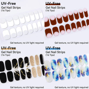 UV FREE Gel Nail Strips 16 Tips Self Adhesive Gel Nail Stickers DIY Manicure Decoration Purple Pink Nude Glitter