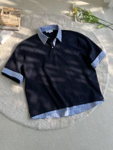 เสื้อเชิ้ตแขนสั้นคอโปโลลายสก็อตสีน้ำเงิน Xanvas ทรงหลวม ผ้าฝ้ายผสมโพลีเอสเตอร์ สำหรับผู้ชาย ฤดูใบไม้ผลิ 2025