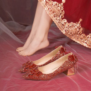 Red Chinese Style Wedding Shoes for Women with Bow And Rhinestone Chunky Heel Fashionable Elegant Single Shoes for Bridal Dresses