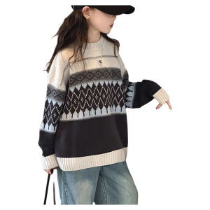 Áo Len Dệt Kim Mùa Thu Đông Cho Bé Gái Áo Len Cardigan Cổ Tròn Họa Tiết Kim Cương Áo Lót Bên Trong Cho Bé Gái