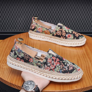 Floral Embroidered Canvas Shoes Mens Summer New Style Slip-On Casual Fisherman Shoes Breathable Low Cut Flat Heel Plastic Sole
