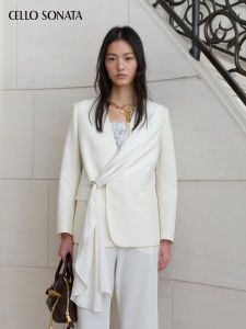 Cello Sonata | Design White Collarless Metallic Iron Ring Decoration Loose Blazer