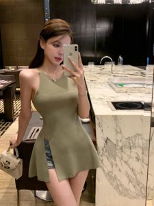 Stylish Split Sling Womens Dress New Korean Style Pure Desire Style Mid Length Long Length Knitted Vest Outerwear Top