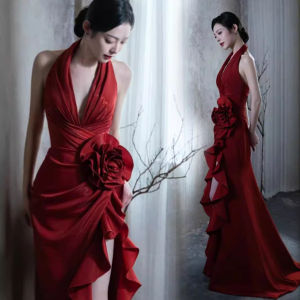 Female Prom Gown Pure Color 3D Flower Dresses Hanging Neck Bridal Wedding Toast Dress Split Evening Dress For Women