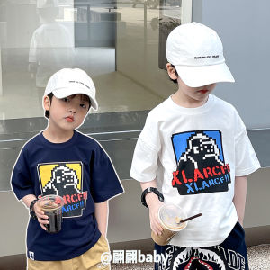 Summer New Mens Casual Cotton T-shirt Short Sleeve round Neck Cartoon Pixel Loose Fit Kids Clothing Pure Cotton Breathable