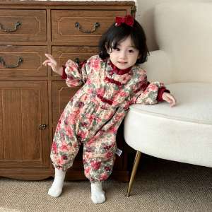 Autumn Winter Baby Clothes Fleece Lined Romper New Year Visiting Outfit One Year Old Baby Ceremony Dress Cold Weather Crawling Suit