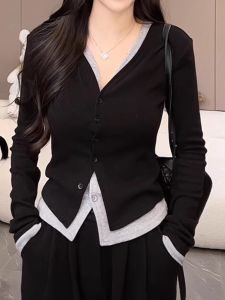 Elegant V-Neck Long Sleeve T-Shirt Womens Spring Autumn plus Size Slimming Versatile Big Sister Fake Two-Piece Top