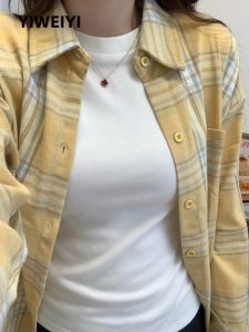 YIWEIYI | Áo Khoác Sơ Mi Caro Cotton Vàng Sữa Siêu Mềm