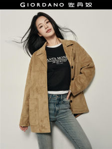 Loose Long Suede Jacket for Women Giordano Star Style Flat Collar Retro Style Long Sleeve Polyester Youth Fashion Daily Wear