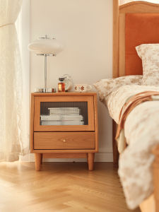 Northern Europe Solid Wood Bedside Cabinet Glass Door Rattan Small Cherrywood Retro Modern Minimalist Bedroom Storage Bedside Cabinet